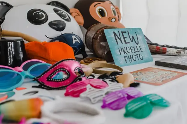 Photo booth props laid out at a summer party in Cumbria