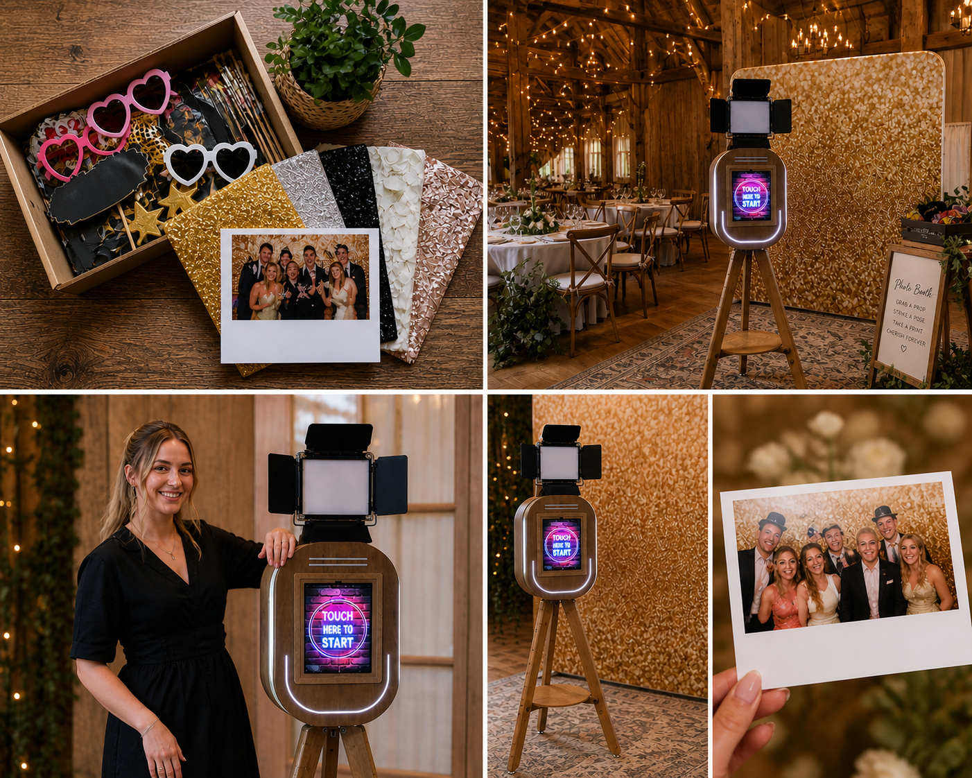 Fun Photography Studio Cumbria 2 Fun photography studio hire package showing props box, gold glitter backdrop, attendant, instant printed photos and pod set up at a wedding venue in Cumbria